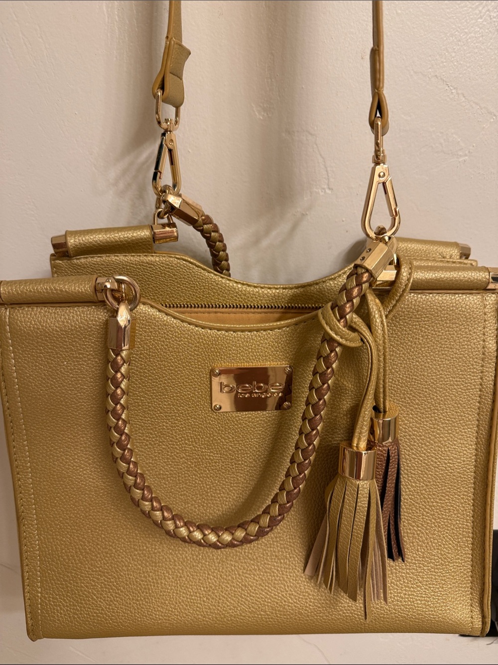 bebe Metallic Gold Braided-Handle Satchel with Tassel Accents
